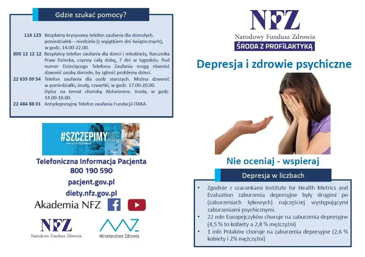 Kobieta ukrywa twarz w dłoniach, symbolizując cierpienie związane z depresją. Obok dłoń oferująca wsparcie. Informacje o pomocy w kryzysach psychicznych, w tym o psychozie endogennej.
