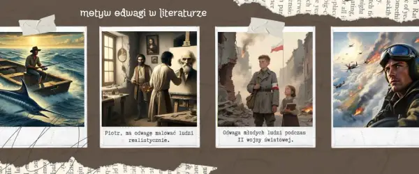 Cztery obrazy ilustrujące motyw odwagi: rybak walczący z marlinem, malarz tworzący realistyczny portret, dzieci w zniszczonym mieście podczas wojny i pilot w powietrznej bitwie. Heroizm co to? To właśnie takie postawy.